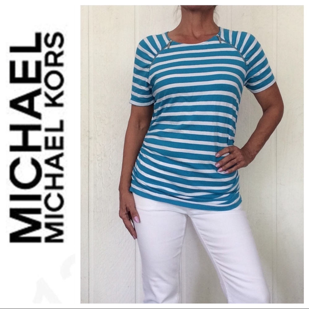 MICHAEL KORS STRIPED ZIPPER DETAIL T SHIRT MEDIUM